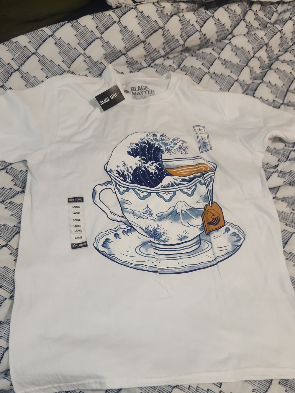 Black Matter White Tee with Blue Wave Teacup Graphic
